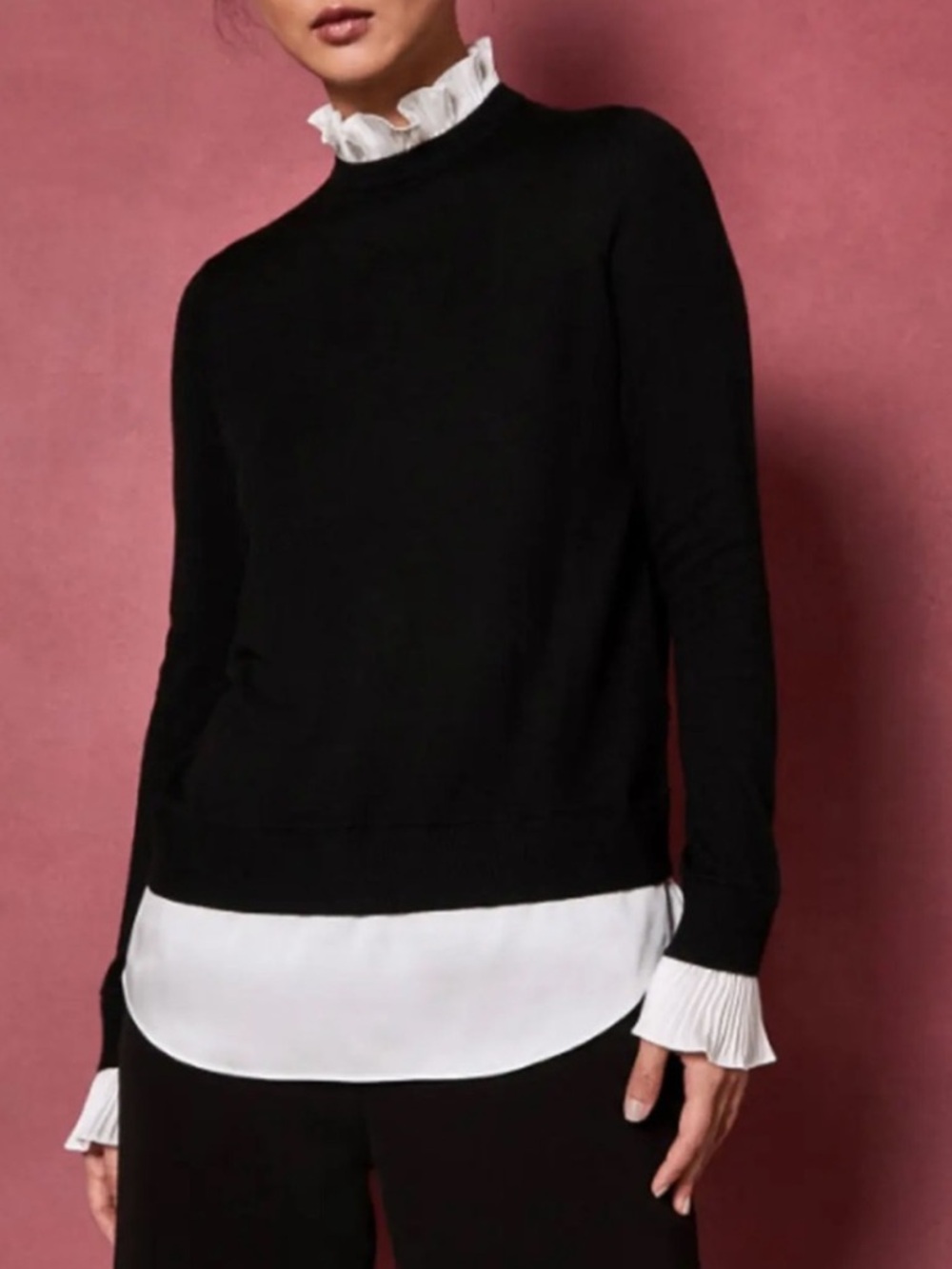 Ted Baker Black Layered-Look Crewneck Sweater with White Ruffle Trim